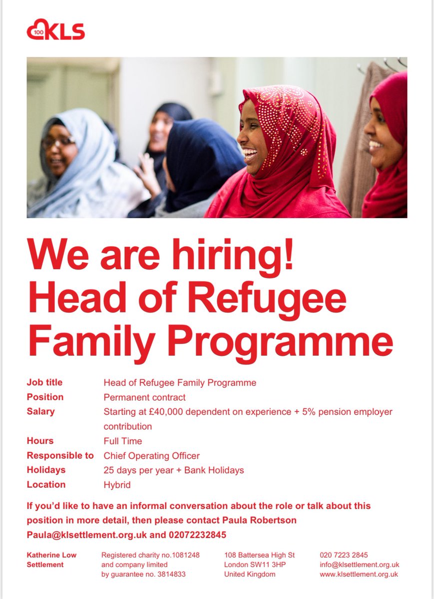 Please share this fantastic opportunity to join the team in this newly created role to lead our newly amalgamated Refugee Family Programme.
Closing date: 21 July
klsettlement.org.uk/news/jobs/
#recruitment #charityjob #refugees #community #Wandsworth