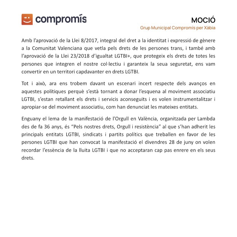 CompromisXabia's tweet photo. ➡️ En el ple d’ahir, 27 de juny, presentàrem esta moció que va aconseguir ser aprovada, amb la qual reafirmem que Xàbia ha de ser diversa i orgullosa

A continuació, vos deixem la moció completa☝🏼 https://t.co/Ss38DVkgrJ