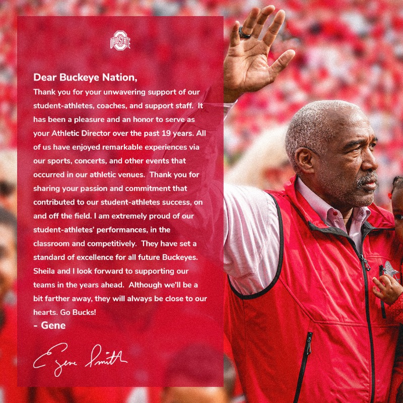 OhioStAthletics's tweet photo. 🥹 A message to Buckeye Nation from Gene Smith, Senior Vice President &amp; Wolfe Foundation Endowed Athletics Director.
Thank You Gene! 🫶 | @OSU_AD | #GoBucks
