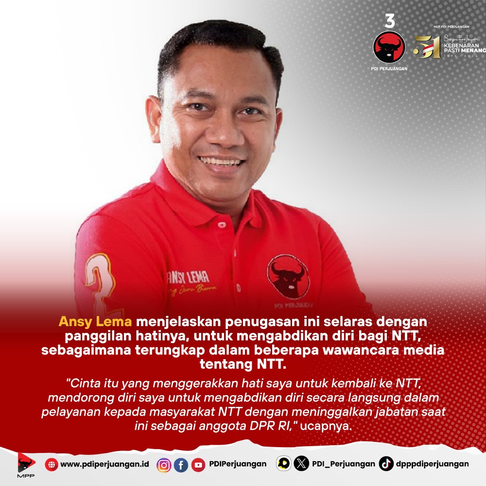 DPP PDI Perjuangan Berikan Surat Tugas untuk Ansy Lema. Ia ditugaskan sebagai Cagub di Pilkada NTT.

Ansy Lema menyatakan akan menjawab kepercayaan tersebut dengan serius kerja nyata serta melalui berbagai persiapan optimal.
“Tentu kepercayaan besar itu akan langsung saya jawab