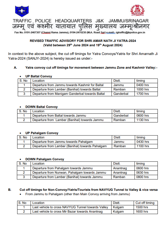 Traffic_hqrs's tweet photo. REVISED TRAFFIC ADVISORY FOR SHRI AMAR NATH JI YATRA-2024
@JmuKmrPolice
@JKTransportDept
@OfficeOfLGJandK
@Divcomjammu
@DivComKash
@ZPHQJammu
@igpjmu
@diprjk
@ddnews_jammu
@ddnewsSrinagar
@ddnewsladakh https://t.co/94sg75I9NJ