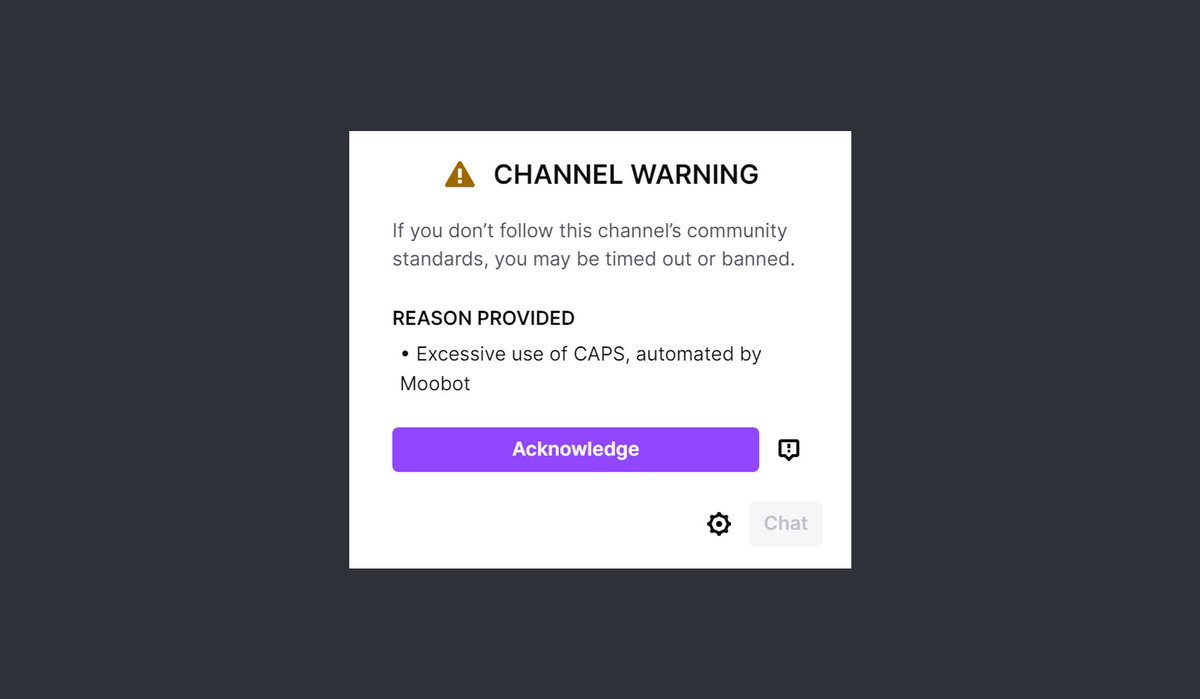 MoobotApp's tweet image. Moobot integrated with Twitch&apos;s new chat warning system earlier this week.

Instead of timing out users, Moobot can now remove single messages and give warnings.

It&apos;s enabled by default on some filters, but you can check out how to set it up at moo.bot/docs/twitch-ch…