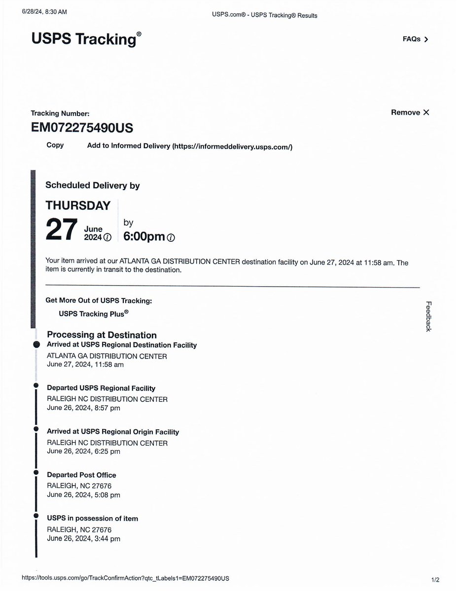 all4_sunlight's tweet photo. 1/2 Frustrated by @USPS delays! 2nd CFPB complaint to Equifax is stuck in transit - no explanation. 1st, CM 9589071052700604077696 sent 6/15, finally delivered 6/27 after "Moving through Network" for days. Now Overnight Mail EM072275490US sent 6/26 is delayed. What's going on? https://t.co/vDBlvnvD5b