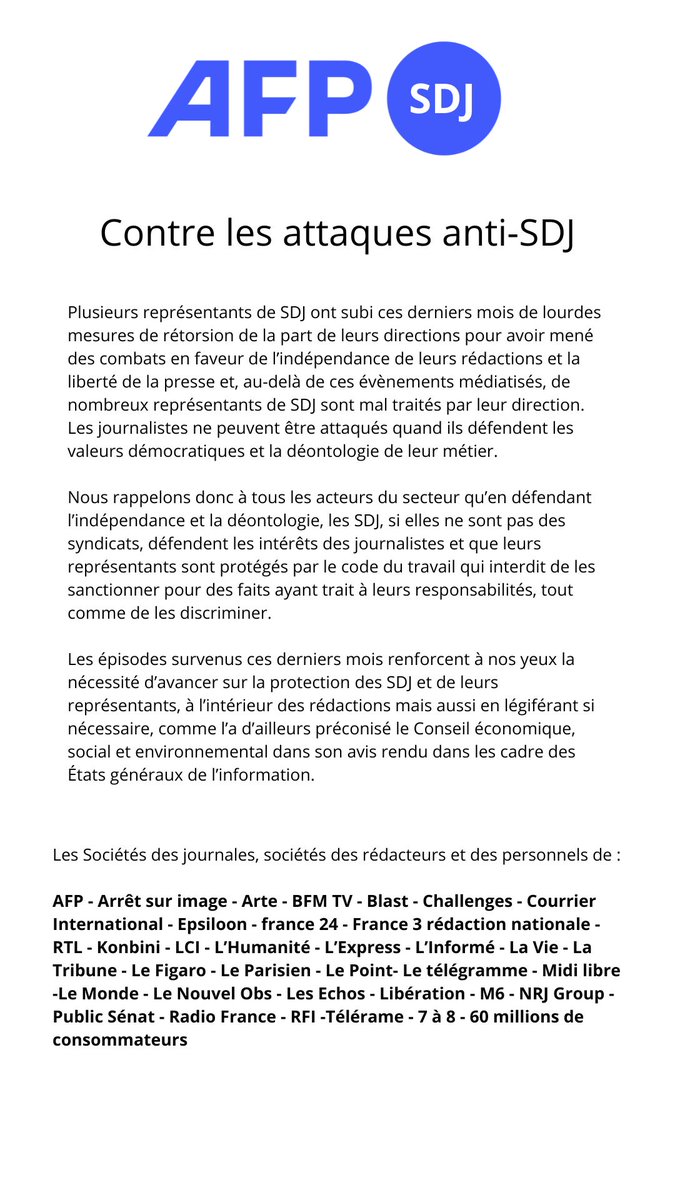 SDJ_AFP's tweet image. Voici la tribune signée ✍️ par la @SDJ_AFP
et une trentaine d'autres sociétés de journalistes "contre les attaques anti-SDJ" ⬇️