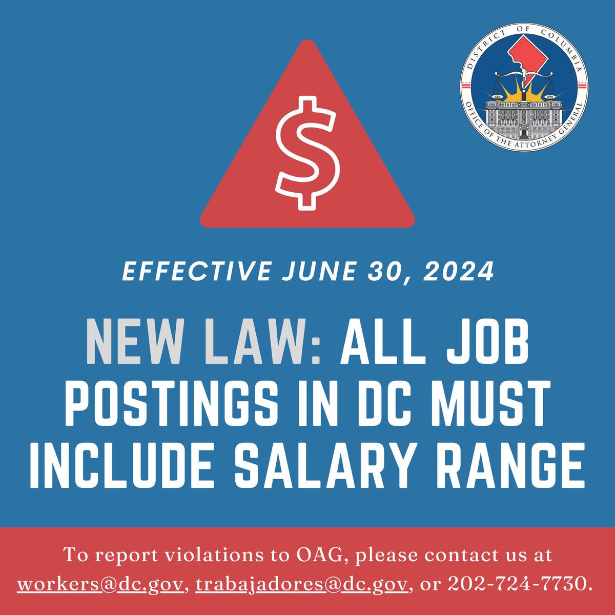 There's a new law taking effect that requires pay transparency in DC! 💲

Starting this Sunday, June 30, employers in the District must include pay ranges in all job postings and cannot ask job applicants for their wage history — among other protections. 

Spread the word, DC! 🔊