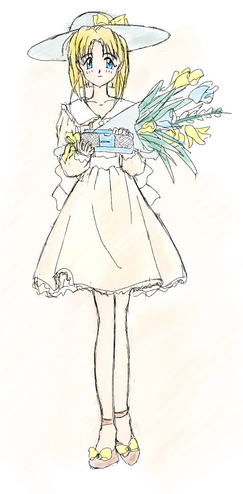 「それを踏まえて、昔描いた花束ちゃんを元絵→ペン入れ→着彩やらせてみたもの。色指示」|しなののイラスト