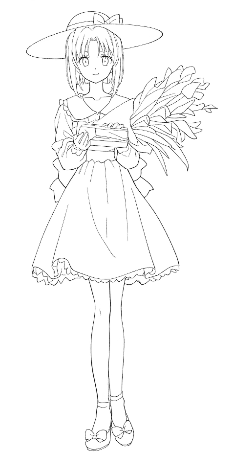 「それを踏まえて、昔描いた花束ちゃんを元絵→ペン入れ→着彩やらせてみたもの。色指示」|しなののイラスト
