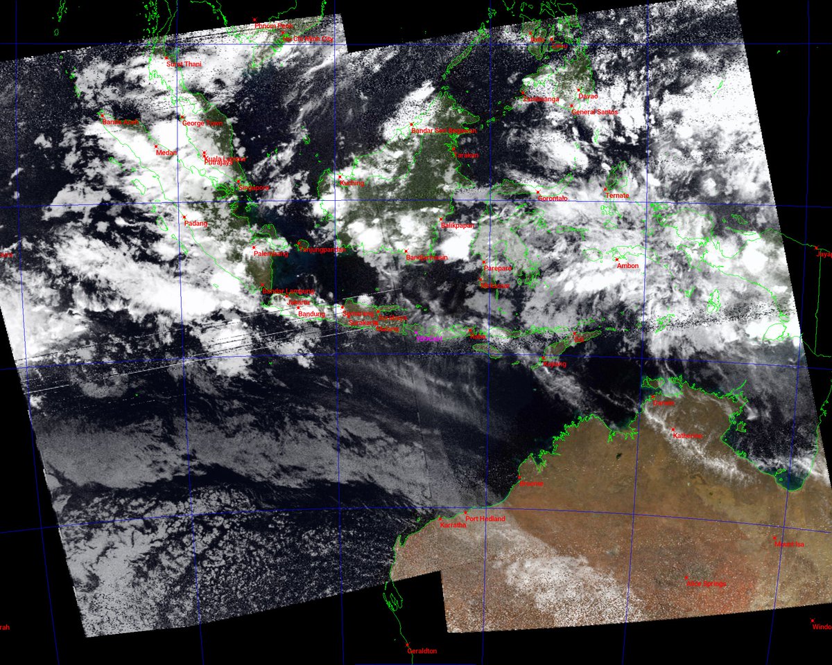 Jutahariadi's tweet photo. NOAA-15 #APT composites from 2 pass, 2024-06-28 10:51 utc & 12:31 utc.
Projection mode Stereo, decode using #SATDUMP
#WX #MCIR https://t.co/EfFpxdR7An