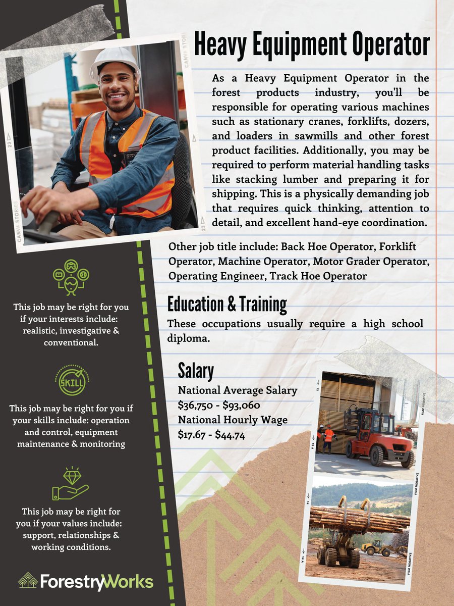 ms_forestry's tweet photo. Our Forestry Career Friday job is heavy equipment operator. You'll be responsible for operating stationary cranes, forklifts, dozers, and loaders in sawmills and other forest product facilities. Learn more at https://t.co/TQMbTL8lJ8 #forestryworks #forestryworksmississippi https://t.co/aUh0TKedYF