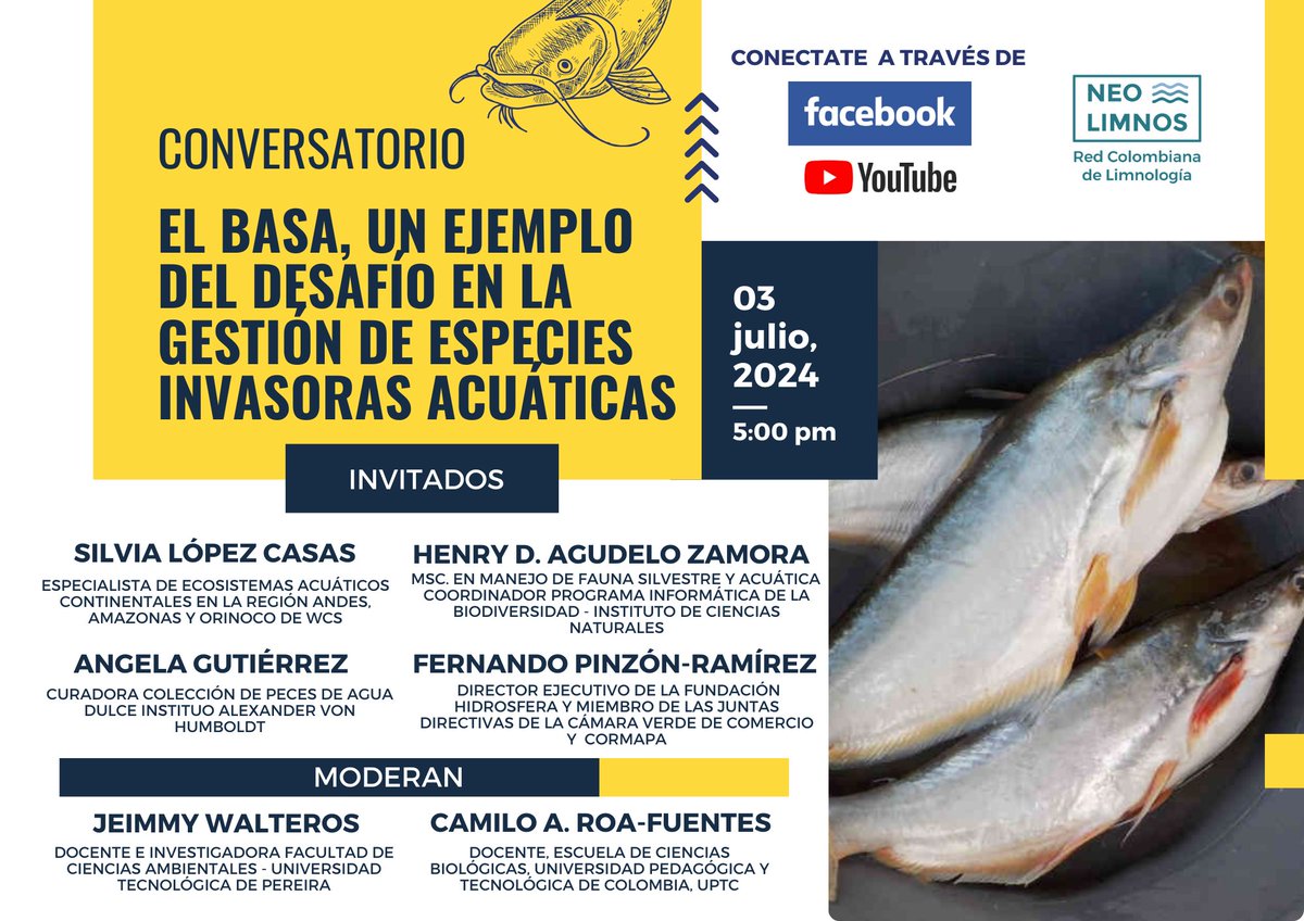 🐠🐟📢 ¡Únete a nuestro webinar sobre especies invasoras! 🌍

🗓️ Fecha: Miércoles Julio 03
🕒 Hora: 5:00 PM
🔍 Hablaremos de pez basa y otras especies invasoras
📚Aprende sobre impactos y soluciones con expertos del campo.  

#EspeciesInvasoras #PezBasa