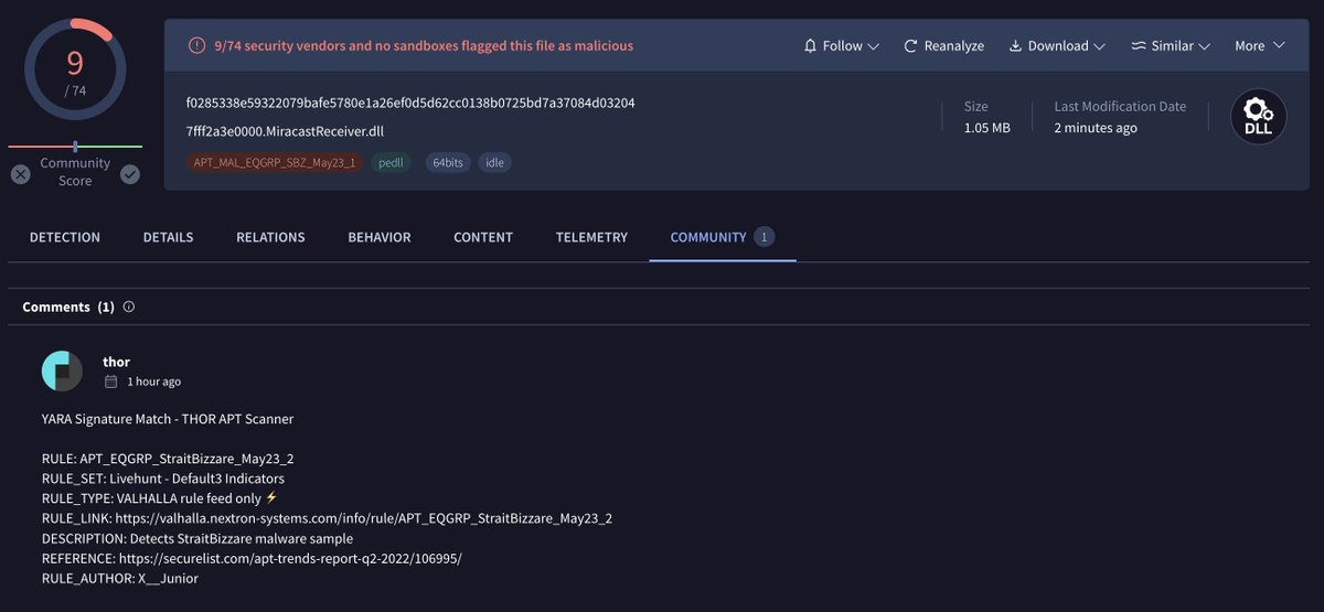 In case you're interested in EQGRP malware, you should take a look at this memory dump of an SBZ implant uploaded from Panama today

<a href="/X__Junior/">Mohamed Ashraf</a> and me wrote rules for it

virustotal.com/gui/file/f0285…