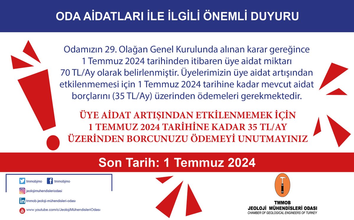 ODA AİDATLARI İLE İLGİLİ ÖNEMLİ DUYURU!

Odamızın 29. Olağan Genel Kurulu’nda alınan karar gereğince, üye aidatları: 2024 yılı için 1 Temmuz 2024 tarihinden itibaren 70 TL/Ay, 2025 yılı için ise 120 TL/Ay olarak uygulanacaktır.

jmo.org.tr/uyegiris.php