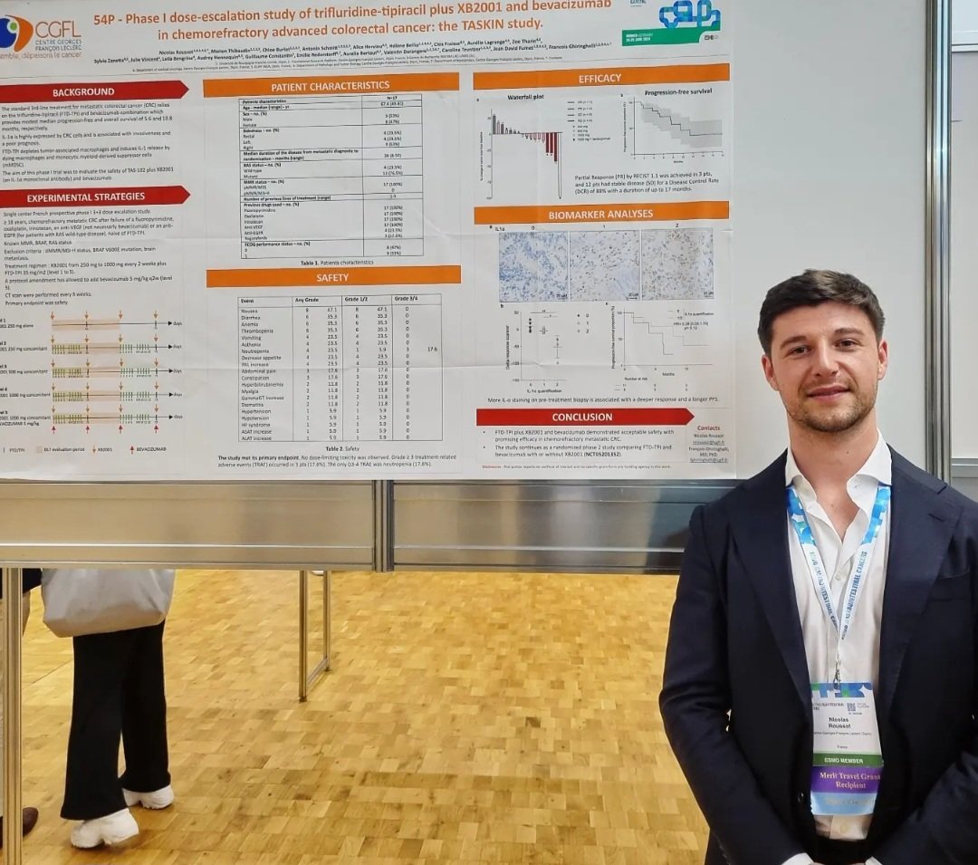 Very pleased to present the results of the TASKIN study here at #ESMOGI in Munich 🇩🇪
Phase I study evaluating the association of FTD/TPI + bevacizumab + XB2001 (IL1a mAb) in mCRC patients after failure of 5FU, oxaliplatin, irinotecan.
<a href="/myESMO/">ESMO - Eur. Oncology</a> 
<a href="/CGFL_Dijon/">CGFL</a>