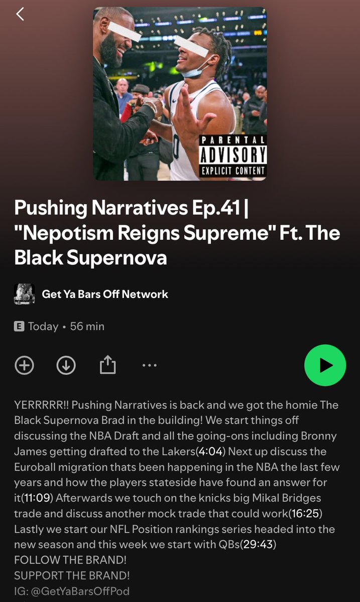 The_Marketable1's tweet photo. Get Ya Bars Off Network Presents: Pushing Narratives X Season 2 X Episode 41 “Nepotism Reigns Supreme” 

-Bronny Drafted By The Lakers
-Knicks Wheelin’ And Dealin’
-Top 3 QBs Heading Into The New Season

Spotify 🎧: https://t.co/vk41oqKJzX

Apple 🎧: https://t.co/JPvcIwN8FM https://t.co/UHLsa0Rb9h