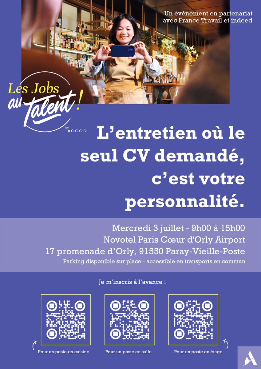 🌟 Les jobs au talent : Le forum où votre personnalité est votre meilleur CV ! 🌟

📅 Mercredi 3 juillet
🕘 9h00 - 15h00
📍 Novotel Paris Coeur d'Orly Airport