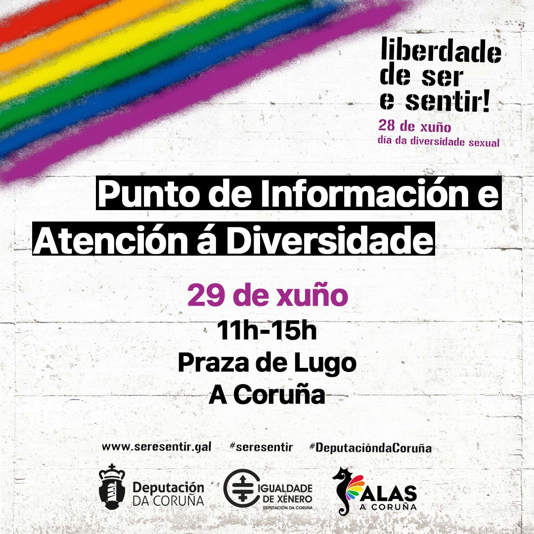 alasacoruna's tweet photo. 🏳️‍🌈 Hoxe ás 19:30 todo o mundo á praza de Ourense onde comeza a manifestación do #Orgullo LGTBI+ da #Coruña.

🗓️E mañá, achegádevos pola praza de Lugo a coñecer todos os detalles da campaña Liberdade de #Seresentir da @Depucoruna 

ℹ️ Máis info👉https://t.co/VBgRPQ00YI https://t.co/ASDYG96vnk