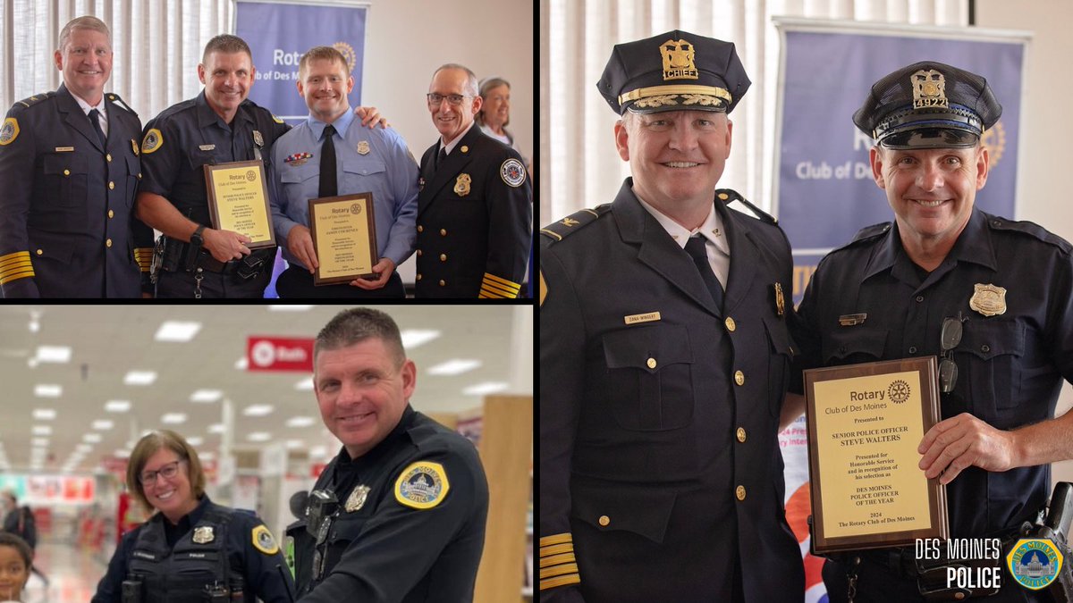 DMPolice's tweet photo. At yesterday’s @RotaryClubDM luncheon, SPO Steve Walters & @DSMFireDept FF Jason Courtney were recognized as the 2024 Police Officer & Firefighter of the year!
Excellent selections! Congratulations!
#comunityservice #excellence https://t.co/Qxo4Ap14bF