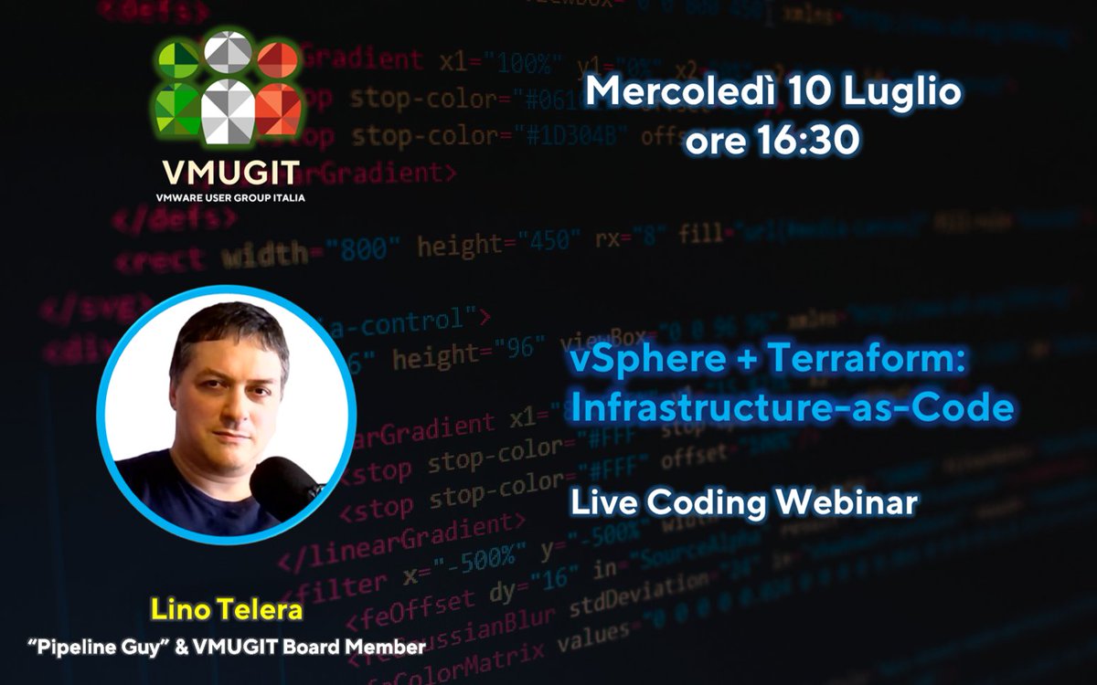 Nuovo appuntamento #VMUGITFriday! Webinar "live coding" con il nostro  su Terraform + vSphere: Infrastructure-as-Code! Vedremo come automatizzare la creazione e la configurazione di ambienti vSphere. Non mancate!

📅 Mercoledi 10 Luglio ore 16:30
🔗 my.vmug.com/s/community-ev…