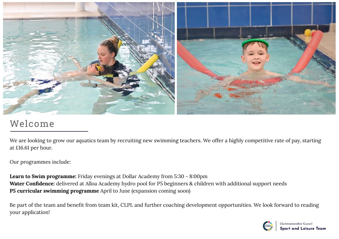 ActiveClacks (@activeclacks) on Twitter photo | RECRUITMENT |
We are looking for Swimming teachers to lead sessions in our Learn to Swim programme <a href="/dollaracademy/">Dollar Academy</a> & in our ASN Water Confidence sessions <a href="/AlloaAcademy/">Alloa Academy</a>
Read more & apply ⬇️
myjobscotland.gov.uk/councils/clack…
<a href="/ClacksCouncil/">Clackmannanshire Council</a> <a href="/ClacksEducation/">Clackmannanshire Council People Directorate</a> <a href="/clacksCTSI/">Clacks Third Sector Interface</a> <a href="/ScottishSwim/">Scottish Swimming</a> | RECRUITMENT |
We are looking for Swimming teachers to lead sessions in our Learn to Swim programme <a href="/dollaracademy/">Dollar Academy</a> & in our ASN Water Confidence sessions <a href="/AlloaAcademy/">Alloa Academy</a>
Read more & apply ⬇️
myjobscotland.gov.uk/councils/clack…
<a href="/ClacksCouncil/">Clackmannanshire Council</a> <a href="/ClacksEducation/">Clackmannanshire Council People Directorate</a> <a href="/clacksCTSI/">Clacks Third Sector Interface</a> <a href="/ScottishSwim/">Scottish Swimming</a>