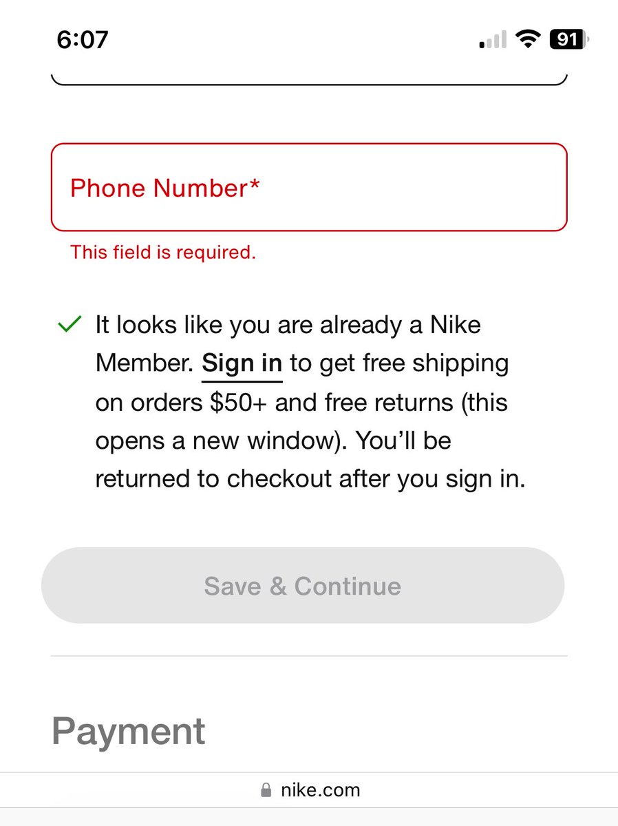 headwestguide's tweet image. Terrible checkout experience with Nike. 

It started great. Mobile website made it easy to find exactly what I wanted. Added it to my cart and began checkout. 

Checkout starts fine. Easy to enter contact info. No issues. Then I get a notification that I’m already a Nike member.…