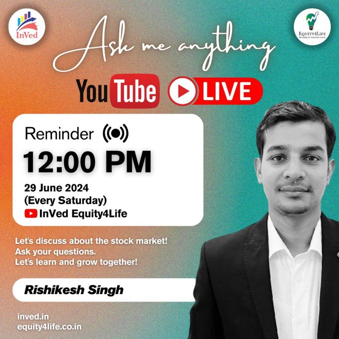 RishikesADX's tweet image. Let's JOIN #YouTube LIVE
Session start at
12:00 PM  Afternoon .

🔗Link: youtube.com/live/jnkGJd6-r…

You can subscribe our YouTube channel to get stocks study/analysis, YouTube Live, Market view &amp;amp; learning videos. ✌️

#InVed #Equity4Life