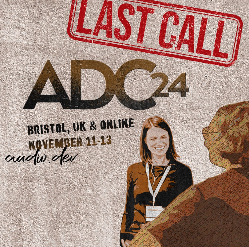 Last Call for ADC24 Talk Proposals! 

Talk submissions can be in-person (Bristol UK) or online (Zoom), 18min or 50min. Only a talk title and abstract are needed by the June 30th deadline.

audio.dev

#audio #developer #programmer #programming