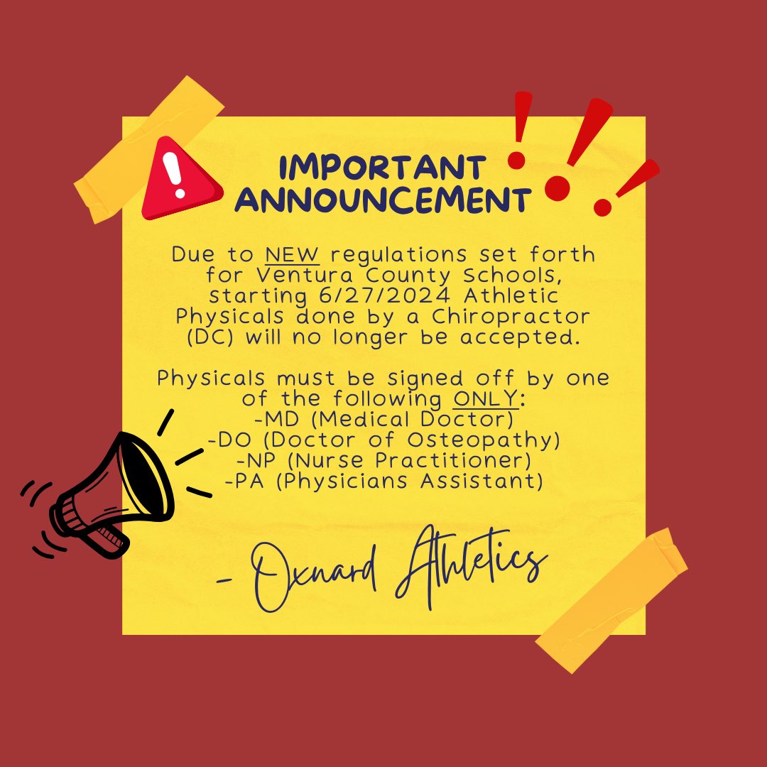 ATTENTION PARENTS/GUARDIANS/ATHLETES:

See photo. Should you have any questions, please reach out to Ms. Jessica (athletic trainer) or Mr. Garcia (athletic director). Thank you for your cooperation and understanding!

jessica.fortner@commonspirit.org
rick.garcia@oxnardunion.org