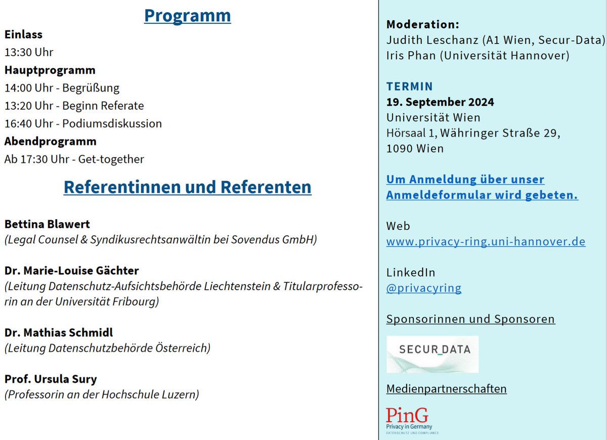 Privacy Ring (@privacyring) on Twitter photo Die Anmeldung für den Privacy Ring Wien 2024 in der <a href="/univienna/">Universität Wien</a> am 19. September 2024 von 14:00-17:30 Uhr ist eröffnet!
<a href="/PhanIris/">Iris Phan</a>, <a href="/UrsulaSury/">Ursula Sury</a>, Marie-Louise Gächter , <a href="/BBlawert/">Bettina Blawert</a>, Matthias Schmidl sowie noch viele mehr!
<a href="/teamdatenschutz/">teamdatenschutz</a>
#privacymatters
privacy-ring.uni-hannover.de/de/anmeldung-p… Die Anmeldung für den Privacy Ring Wien 2024 in der <a href="/univienna/">Universität Wien</a> am 19. September 2024 von 14:00-17:30 Uhr ist eröffnet!
<a href="/PhanIris/">Iris Phan</a>, <a href="/UrsulaSury/">Ursula Sury</a>, Marie-Louise Gächter , <a href="/BBlawert/">Bettina Blawert</a>, Matthias Schmidl sowie noch viele mehr!
<a href="/teamdatenschutz/">teamdatenschutz</a>
#privacymatters
privacy-ring.uni-hannover.de/de/anmeldung-p…