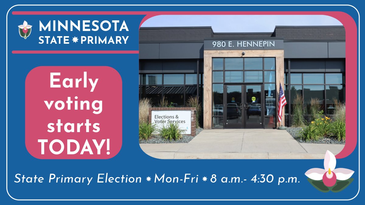Early voting has begun! 🥳 Calling all Mpls residents to our Early Vote Center to cast your ballot in the Primary Election. Language support is available, as well as the Express Vote assistive device! Curious about other ways to vote? Go to our website to make a plan! #VoteMpls