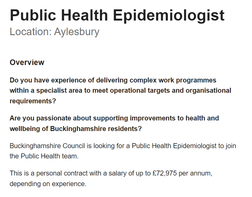 We are recruiting to a senior role in our team. PH Epi post to be our professional lead in this space. Closes 4 July. Please do reach out if interested. <a href="/PHJobsUK/">Public Health Jobs UK</a> <a href="/pubhealthjobsuk/">Public Health jobs</a> <a href="/BucksCouncil/">Buckinghamshire Council</a> 
jobs.buckinghamshire.gov.uk/job_detail/311…