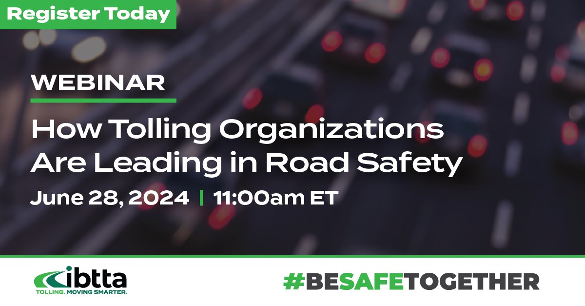 IBTTA (@ibtta) on Twitter photo Our toll road organizations are working to #BeSafeTogether.
Tune in at 11:00 am to learn about the innovations from <a href="/ASFINAG/">ASFINAG</a>, <a href="/attikesdiadr/">Attikes Diadromes</a>, <a href="/DriveERT/">DriveERT</a>, <a href="/TollTagNews/">NTTA News</a>, <a href="/paturnpike/">PA Turnpike</a>, and <a href="/THEASelmon/">Selmon Expressway</a>! BeSafeTogether.org
ibtta.org/events/global-… Our toll road organizations are working to #BeSafeTogether.
Tune in at 11:00 am to learn about the innovations from <a href="/ASFINAG/">ASFINAG</a>, <a href="/attikesdiadr/">Attikes Diadromes</a>, <a href="/DriveERT/">DriveERT</a>, <a href="/TollTagNews/">NTTA News</a>, <a href="/paturnpike/">PA Turnpike</a>, and <a href="/THEASelmon/">Selmon Expressway</a>! BeSafeTogether.org
ibtta.org/events/global-…
