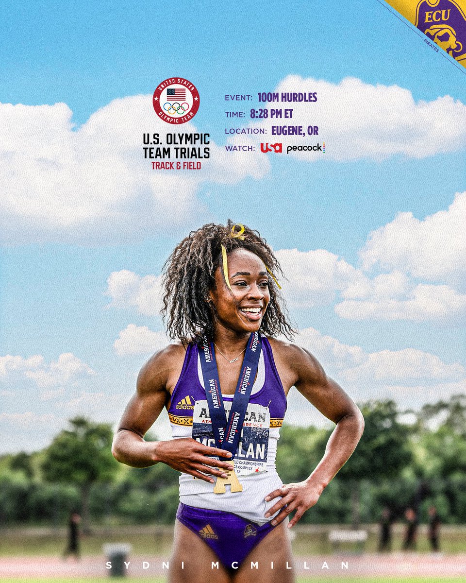 East Carolina Track & Field/Cross Country (@ecutfxc) on Twitter photo 🚨REMINDER🚨
Our very own <a href="/McmillanSydni/">Sydni McMillan</a> competes in the U.S. Olympic Team Trials tonight @ 8:28 p.m. ET!
Tune in to USA Network or Peacock to watch! #GoPirates🏴☠️ 🚨REMINDER🚨
Our very own <a href="/McmillanSydni/">Sydni McMillan</a> competes in the U.S. Olympic Team Trials tonight @ 8:28 p.m. ET!
Tune in to USA Network or Peacock to watch! #GoPirates🏴☠️