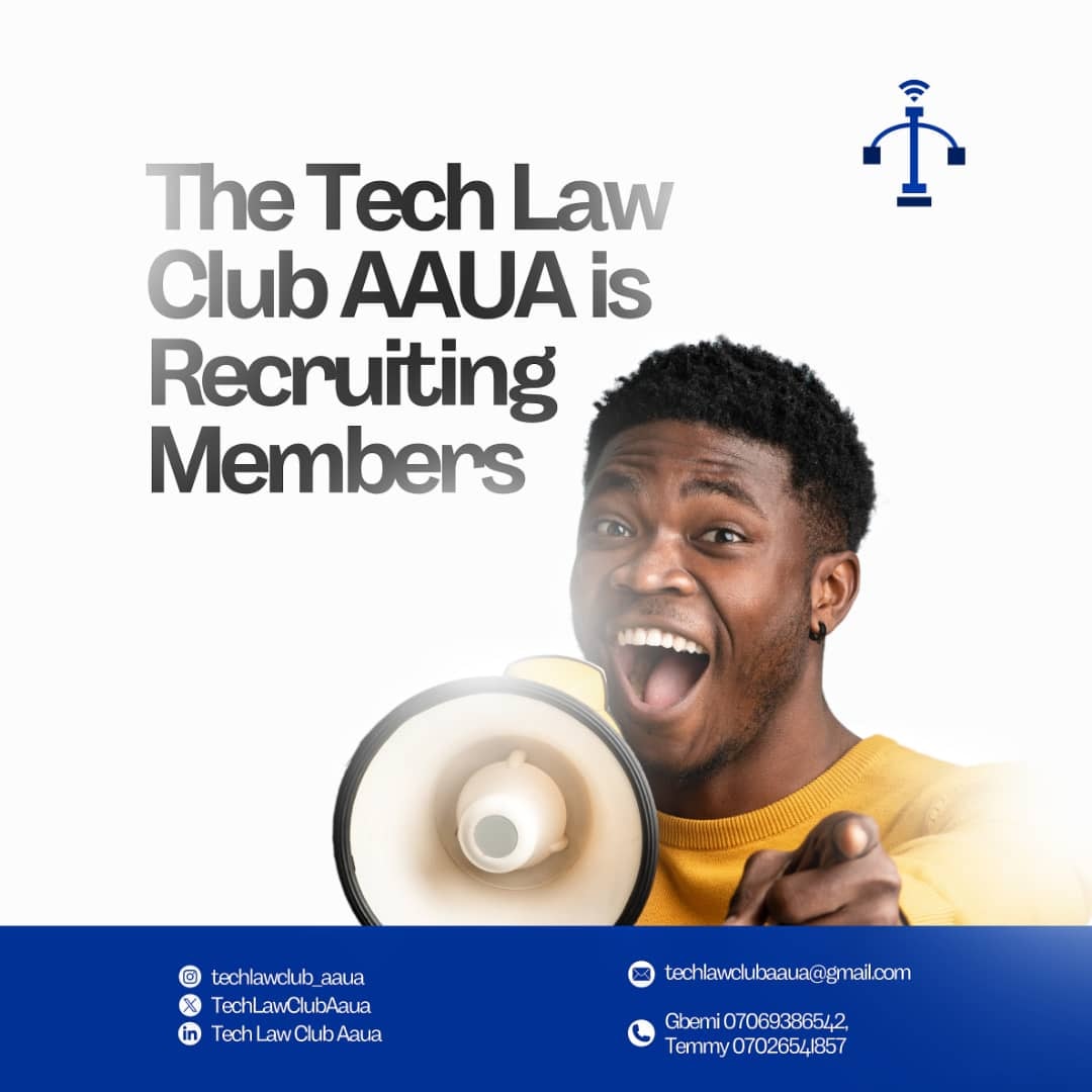 TechLawClubAaua's tweet photo. Hop on the bandwagon!!!

Tech Law Club, AAUA is calling for enthusiasts with a knack for tech and a corresponding interest in the legal field.

All that is required is your passion, dedication and tenacity and you can hop in.
Click on the link to apply.
https://t.co/5PKGrAmr5P https://t.co/6tc9uXbHA4