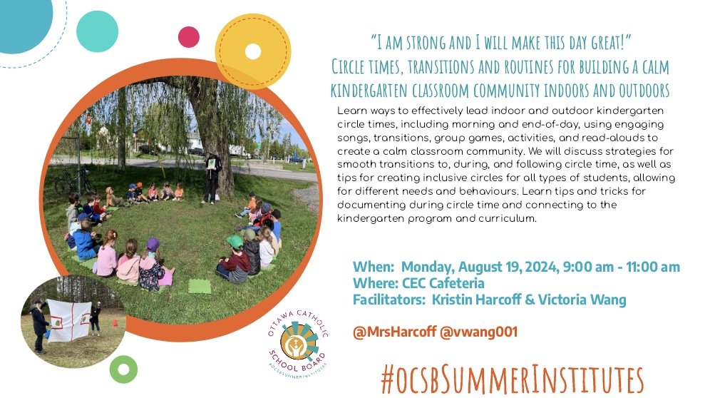 Come join us for our #ocsbSummerInstitutes session about #ocsbKindergarten circle time!  Learn about engaging circles and transitions for indoors and outdoors that help build regulation skills and develop a calm classroom! Registration is open now!: bit.ly/4cwsIRQ