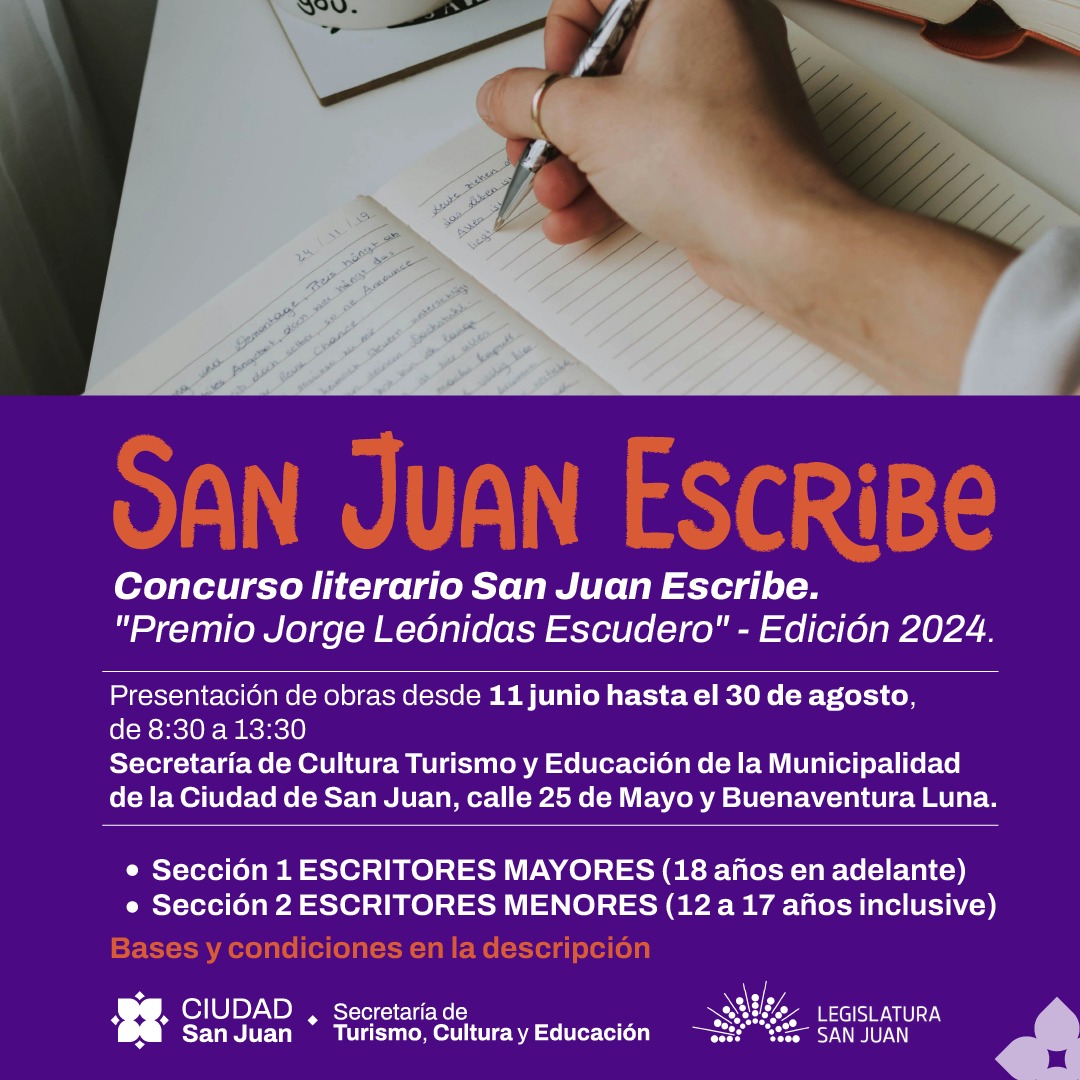 sanjuan_ciudad's tweet photo. ¡Sumate al concurso literario San Juan Escribe! 📖

El reconocido concurso de la provincia abre nuevamente su convocatoria para esta edición 2024. 

👉Conocé los detalles, bases y condiciones en nuestra web:
https://t.co/0MBJAIgr9i https://t.co/TjgVJev9v2