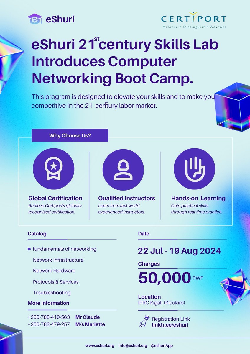 eShuri1's tweet image. Elevate your skills with eShuri&apos;s boot camps! 

 Software Development
 Makuza Plaza, Tower C
 22 Jul - 19 Aug 2024

 Computer Networking
 IPRC Kigali (Kicukiro)
 22 Jul - 19 Aug 2024
 50,000 RWF

Register now: linktr.ee/eshuri
 +250-788-410-563 / +250-783-479-257

#eShuri