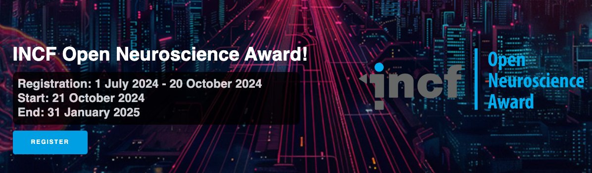 Announcing the 10K USD INCF Open Neuroscience Award!

The award:
- encourages participants to test resources dev'd by large-scale brain initiatives
- provides feedback to repositories re: usability &amp; FAIRness
- promotes data reuse &amp; collaborative science

bit.ly/INCFONA