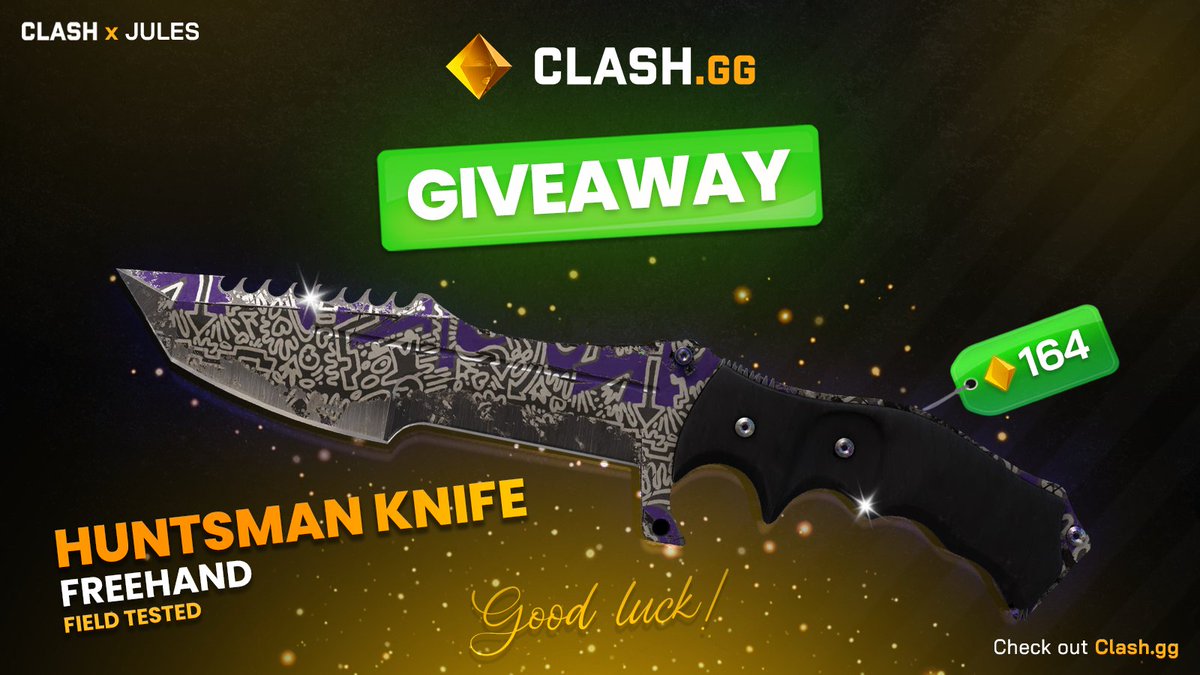 JulsyCS's tweet image. 🎉🔶Huntsman Knife / Freehand (Field-Tested)🔶🎉
How to enter:
1️⃣ Follow @clashdotgg @julsycs
2️⃣ Like and Retweet
3️⃣ Tag two friends
4️⃣ Use Code &quot;JULES&quot; on Clash (optional)
⏲Rolling in 7 days
Good Luck everyone 🍀🍀🍀
