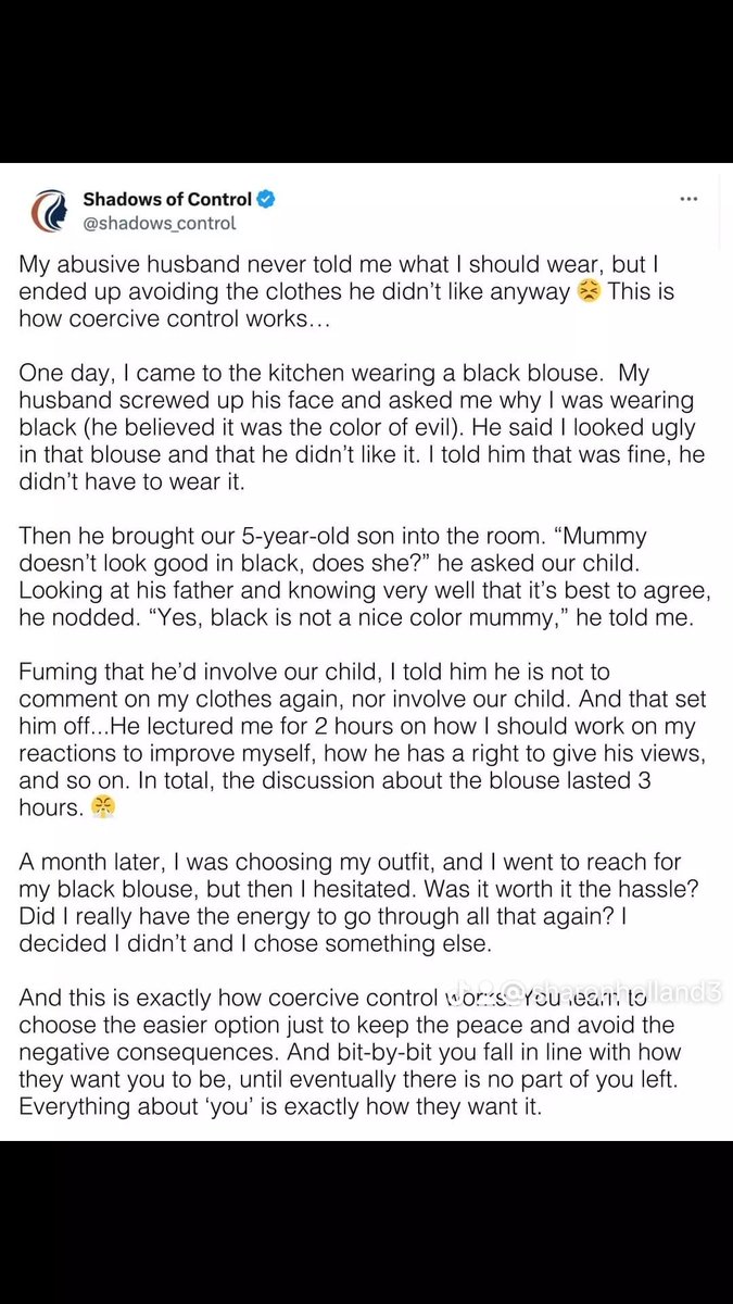 shazmataz72's tweet image. This is exactly how it starts! Picking at everything you wear and do.
#hernamewaschloeholland 
#endcoercivecontrol