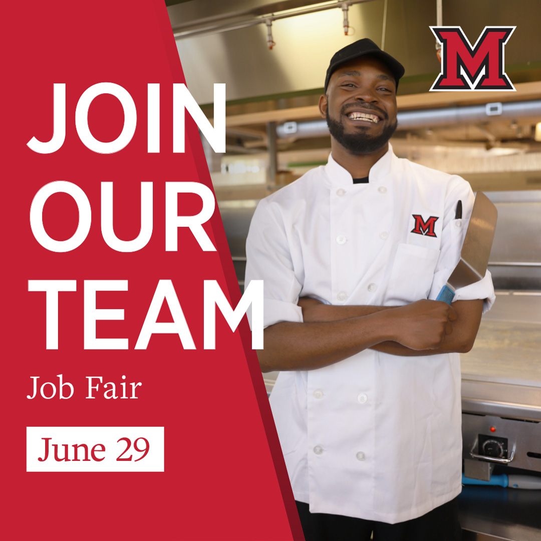 🍽️ Join our Miami Dining team! 🌟 We're looking for passionate individuals to join us at our upcoming job fair at Maplestreet Dining Commons on June 29.

More Info: miamioh.edu/human-resource…

#MiamiDining #JobFair #MiamiOH