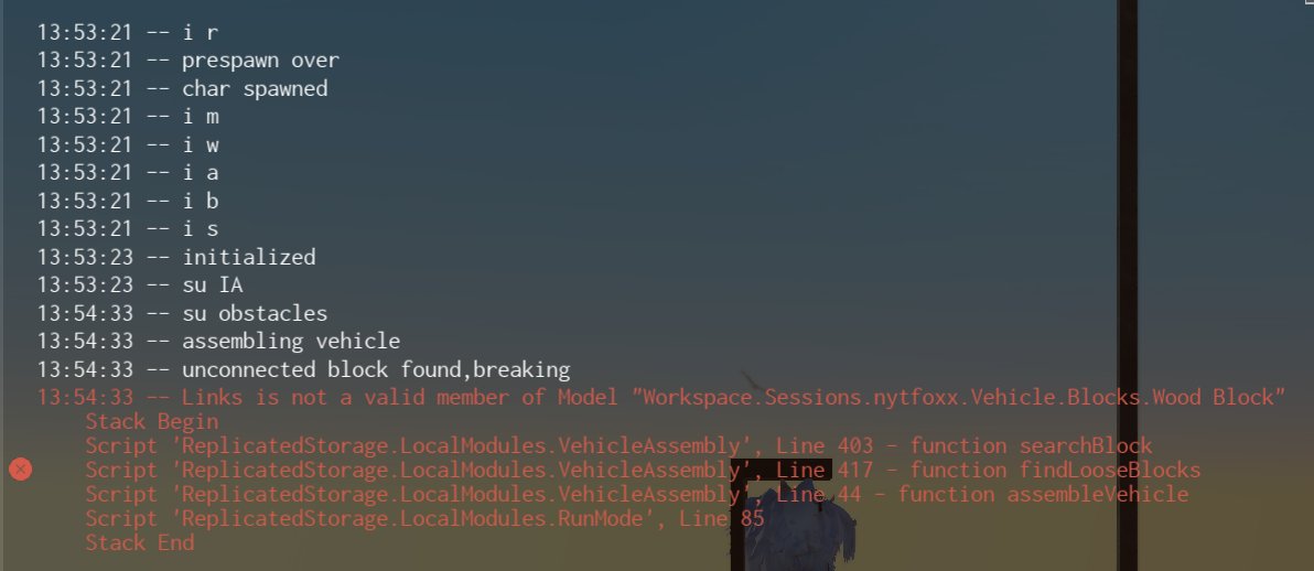 elementening's tweet photo. @DoctorPurpl i physically cant play the game, it works on alt accounts, but when i play on my main that has stuff, nothing attachs whenever i press go

whole vehicle just falls apart no matter what and the "edit vehicle" button just does nothing at all, not even an error in console https://t.co/Pa1cmbDwfX