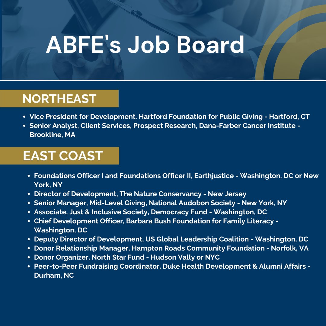 ABFE's tweet photo. Exciting opportunities await this June on ABFE's Job Board! Discover roles that empower change and drive impact in philanthropy.

Explore now and find your next career move by visiting https://t.co/3LBPmdn4Va

#JobOpportunities #PhilanthropyCareers #ABFE https://t.co/eKjSw1qvYm