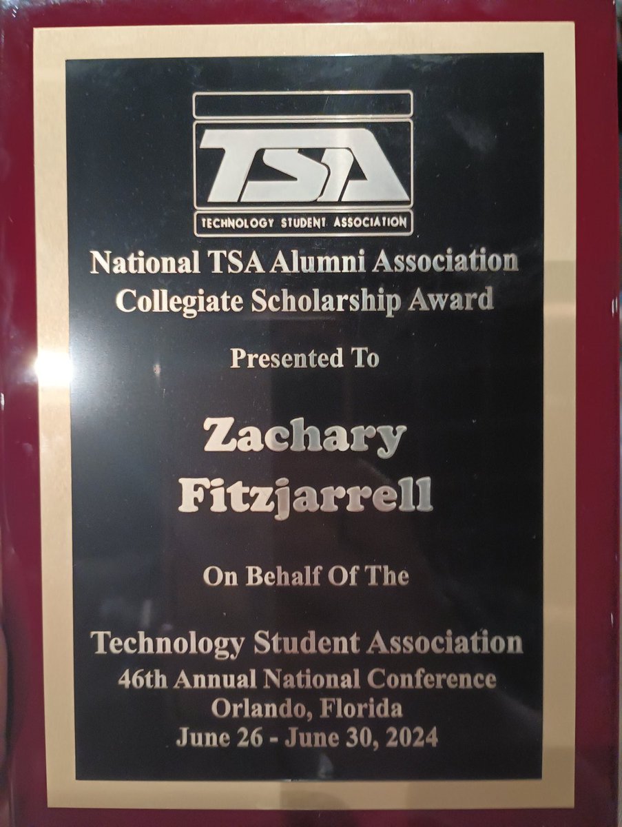 _CTTSA's tweet image. Congratulations to Zachary Fitzjarrell CTHS Class of 2022, for receiving the National TSA Alumni Association Collegiate Scholarship Award!