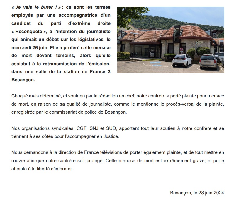 Soutien intersyndical au journaliste de France 3 menacé de mort par l'extrême droite en marge d'un débat politique ✊
<a href="/SNJ_national/">SNJ - premier syndicat de journalistes</a> <a href="/CgtFrancetv/">Cgt FranceTV</a> <a href="/SudCulture/">SudCultureSolidaires</a> 

snj-francetv.fr/wp-content/upl…