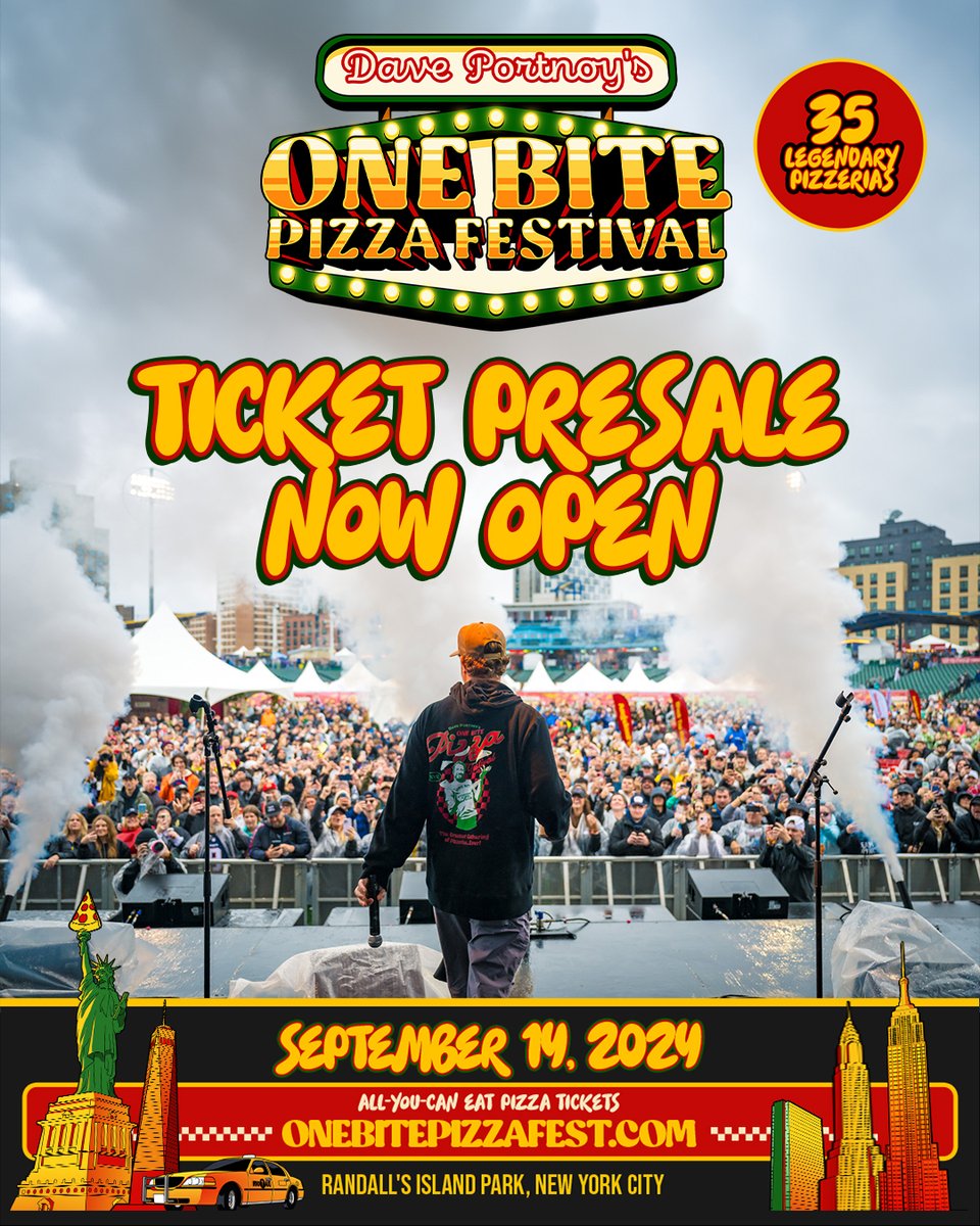 OneBiteFest's tweet photo. It's time! ⏰ Pre-sale tickets are now on sale for #OneBitePizzaFest. Use the code sent to you via text or email and buy now at https://t.co/Oy69EWJAoE 🍕

Tickets will go on sale to the public starting at 12pm ET. https://t.co/FEdwHkEXx1