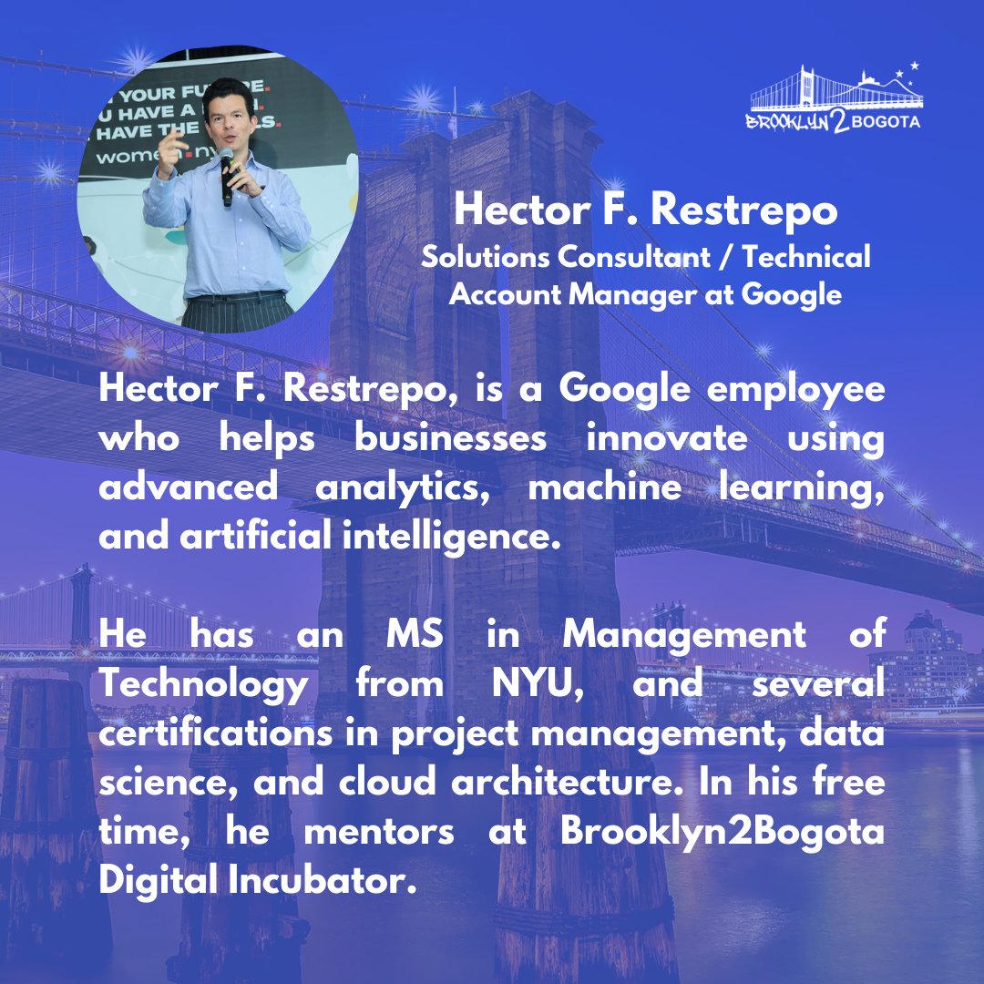Gracias a cada speaker de nuestro evento. 

Hector F. Restrepo, gracias por llevarnos de la mano al mundo de oportunidades que se abren para los pequeños negocios gracias a la Inteligencia Artificial, y el poder de la nube.

brooklyn2bogota.com