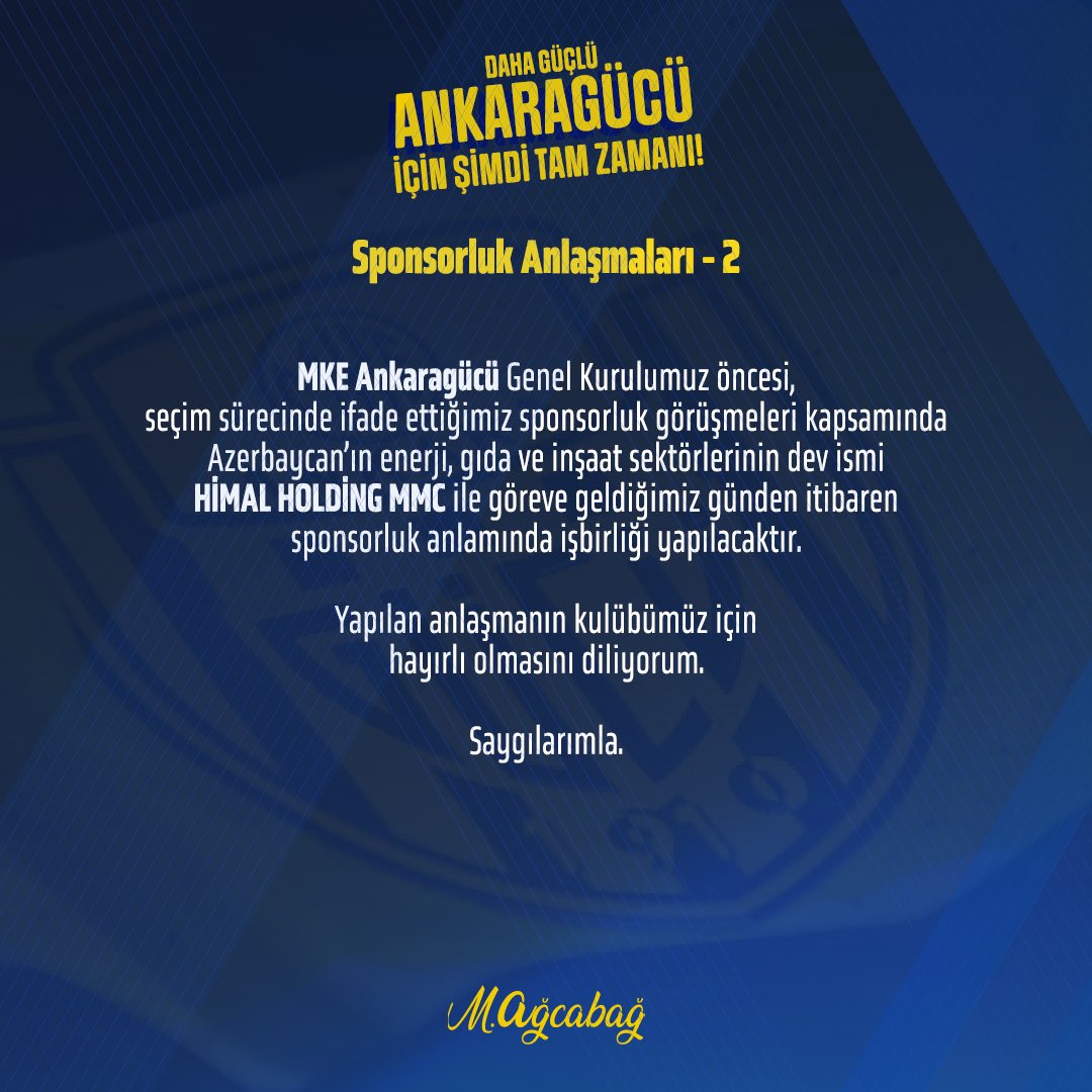 Sponsorluk Anlaşmaları 2
MKE Ankaragücü Genel Kurulumuz öncesi, seçim sürecinde ifade ettiğimiz sponsporluk görüşmeleri kapsamında Azerbaycan’ın enerji, gıda ve inşaat sektörlerinin dev ismi HİMAL HOLDİNG MMC ile göreve geldiğimiz günden itibaren sponsporluk anlamında işbirliği