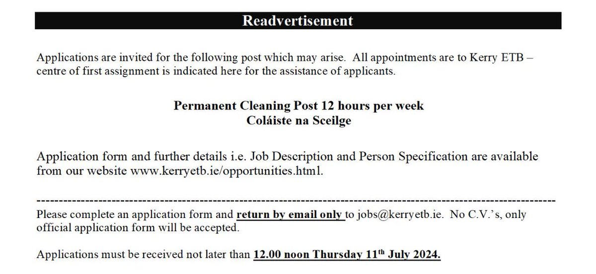 Tascfhórsa Uíbh Ráthaigh (@iveraghtaskforc) on Twitter photo Glantóir do <a href="/NaSceilgeKETB/">Colaiste Na Sceilge</a> á earcú ag <a href="/KerryETB/">Kerry Education & Training Board (Kerry ETB)</a> faoi láthair. Iarratais go dtí 11.07.24.
A permanent, part-time cleaner is sought for Coláiste na Sceilge in <a href="/cahersiveentown/">Cahersiveen</a>. Closing date 11.07.24.
#liveandworkinIveragh
#skelligcoast
#UíbhRáthach Glantóir do <a href="/NaSceilgeKETB/">Colaiste Na Sceilge</a> á earcú ag <a href="/KerryETB/">Kerry Education & Training Board (Kerry ETB)</a> faoi láthair. Iarratais go dtí 11.07.24.
A permanent, part-time cleaner is sought for Coláiste na Sceilge in <a href="/cahersiveentown/">Cahersiveen</a>. Closing date 11.07.24.
#liveandworkinIveragh
#skelligcoast
#UíbhRáthach