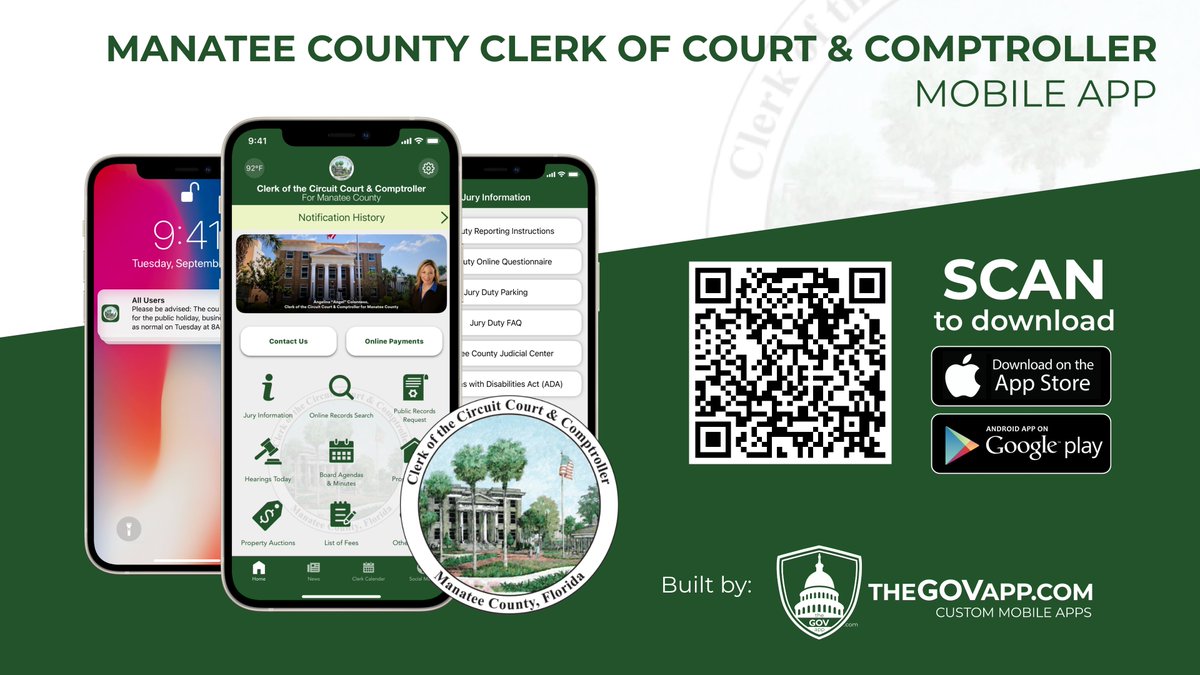 Access our services from anywhere, anytime with our new mobile app! It is available for download in the Apple App Store and Google Play Store. Search for Manatee Clerk.