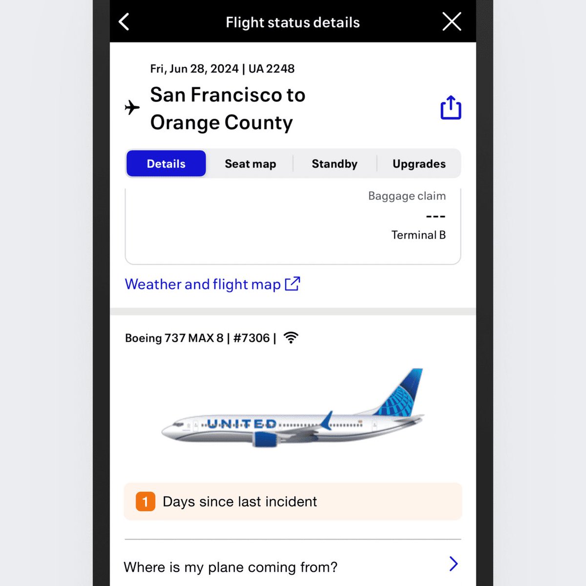 United option to see your plane's days since last incident